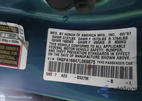 2007 Honda Civic Ex из США, поврежденный, VIN 1HGFA16847L069875